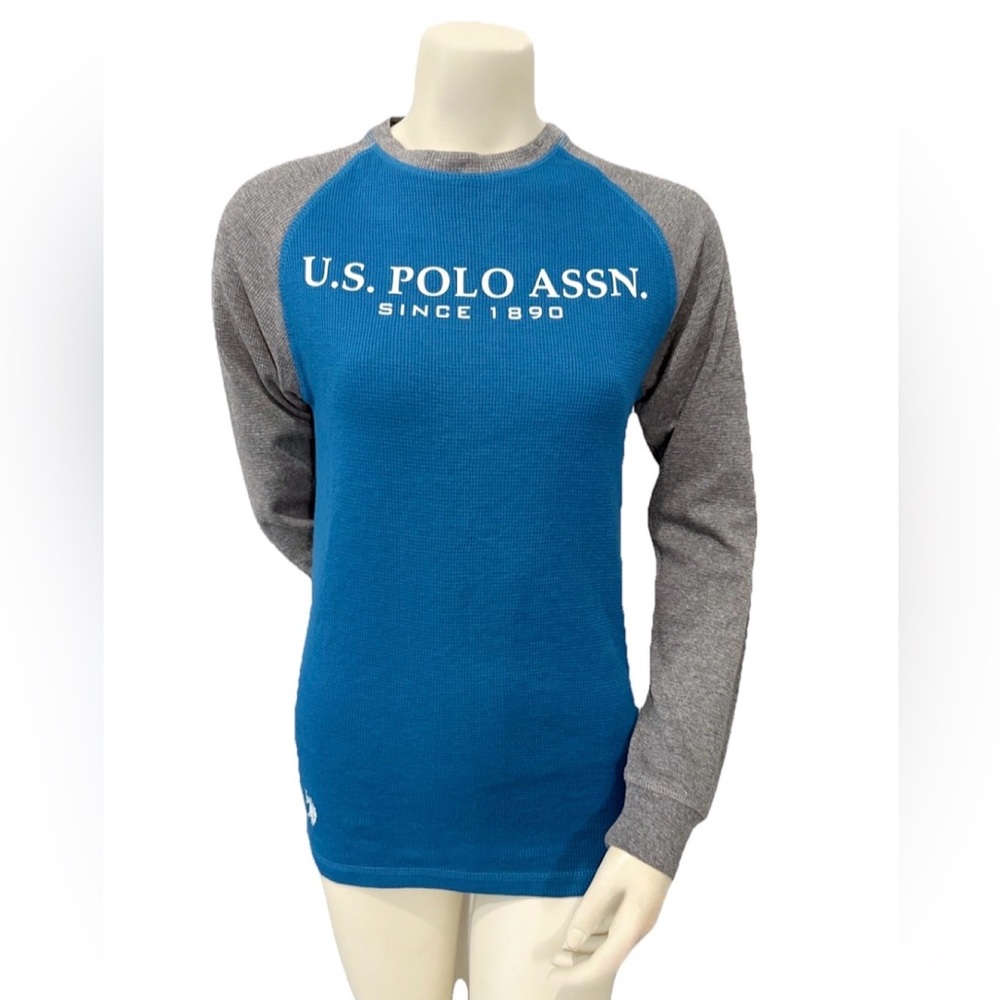 U.S. Polo Assn Women’s XS Waffle Knit Thermal Long Sleeve Top Blue Gray